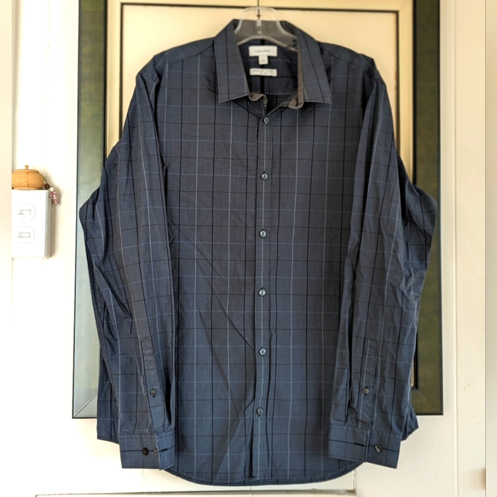 Calvin Klein Infinite Cool Non-Iron DarkGrey Plaid Long Sleeve Dress Shirt Large
